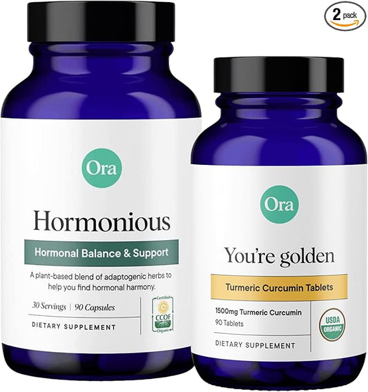 Ora Organic Hormone Balance & Turmeric Curcumin Supplement Bundle: Elevate Mood, Energy, & Joint Health Naturally Acerola Cherry + Pure Turmeric, Enhanced by Piperine - 90 Vegan Tablets