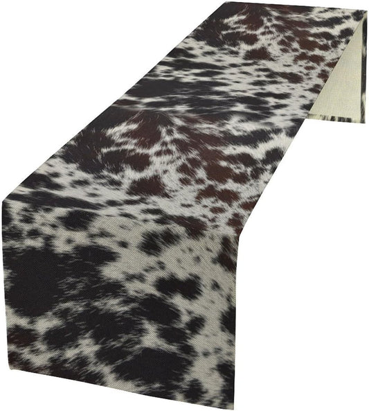 Cow Print Table Runner, Country Farm Animal Fur Skin Pattern Western Style Black Brown Cowhide Print Dinner Runner for Home Kitchen Dining Home Setting, 13x36 Inch