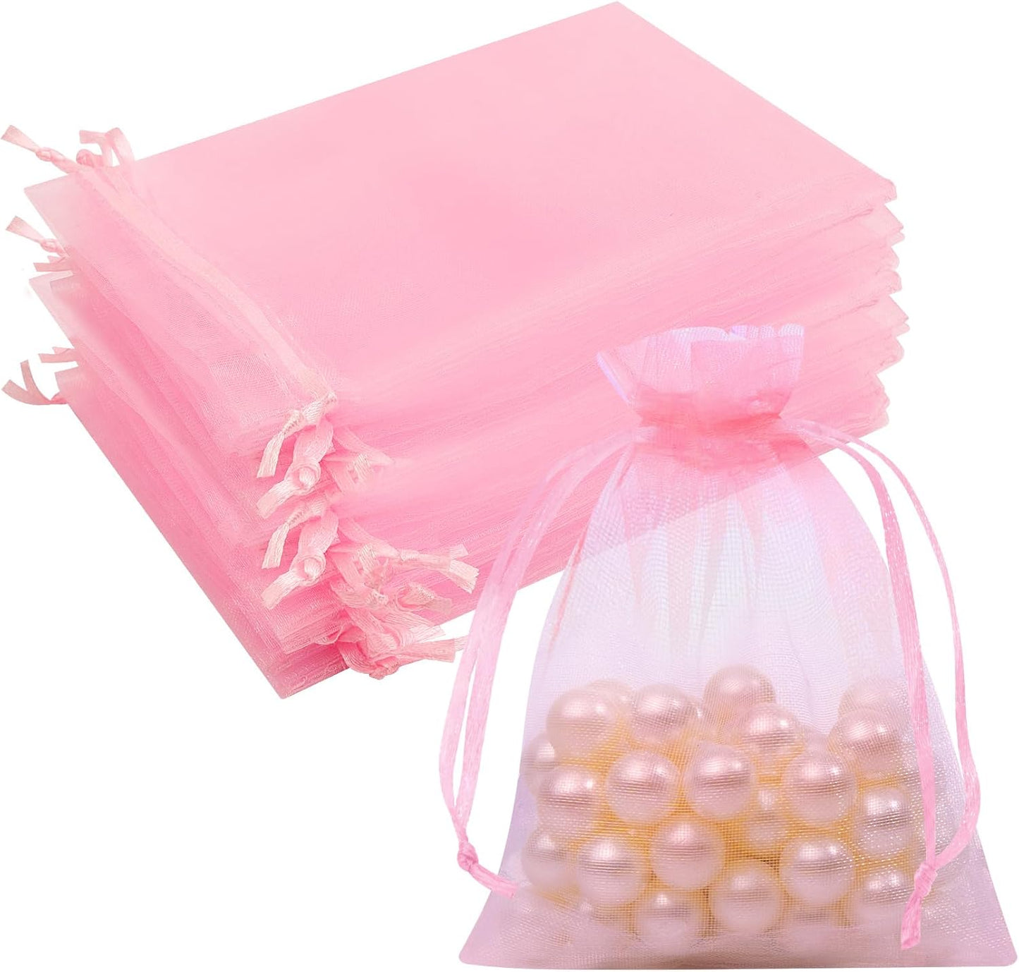 50 Pcs Pink Organza Bags 3x4 Inch, Jewelry Pouch Bags Small Mesh Bag Drawstring Gift Goody Bag for Candy Party Favor Wedding