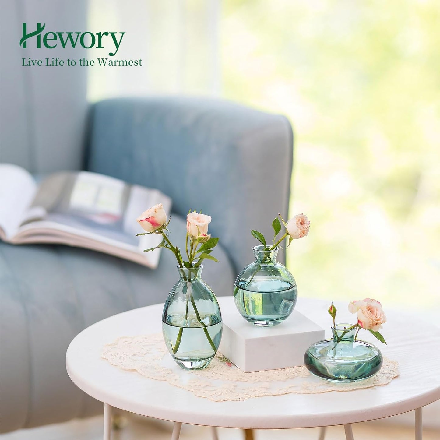 Glass Bud Vases Set of 3, Hewory Cute Green Small Vases Handmade, Mini Glass Flower Vase for Floral Arrangements, Tiny Centerpiece for Home Office Wedding Party Events Table Decor (Not Include Flower)