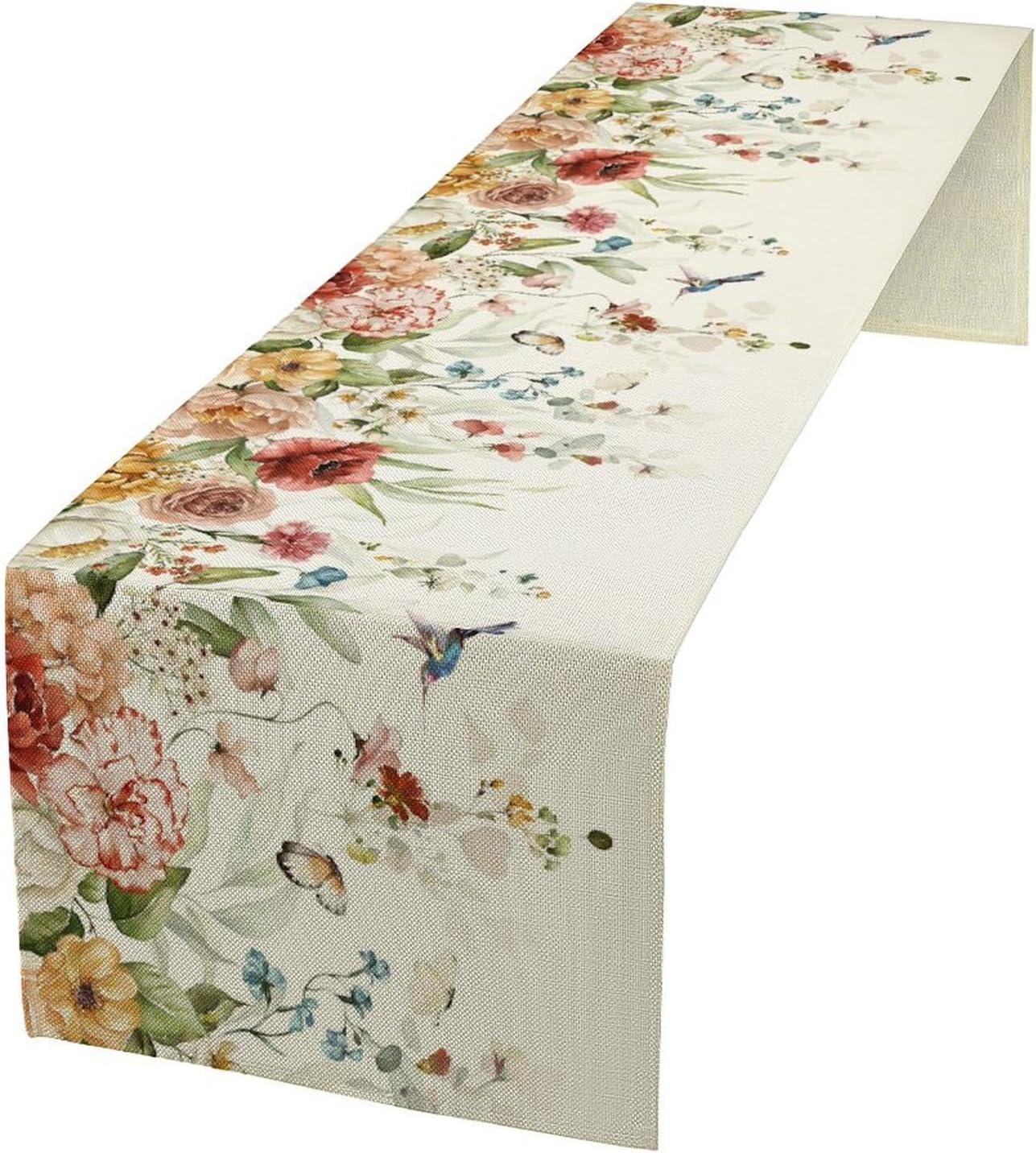 Rustic Floral Table Runner, Watercolor Flower Leaves Hummingbird Butterfly Farmhouse Kitchen Dinning Table Runner for Indoor Outdoor Home Wedding Party Holiday, 13x90 Inch