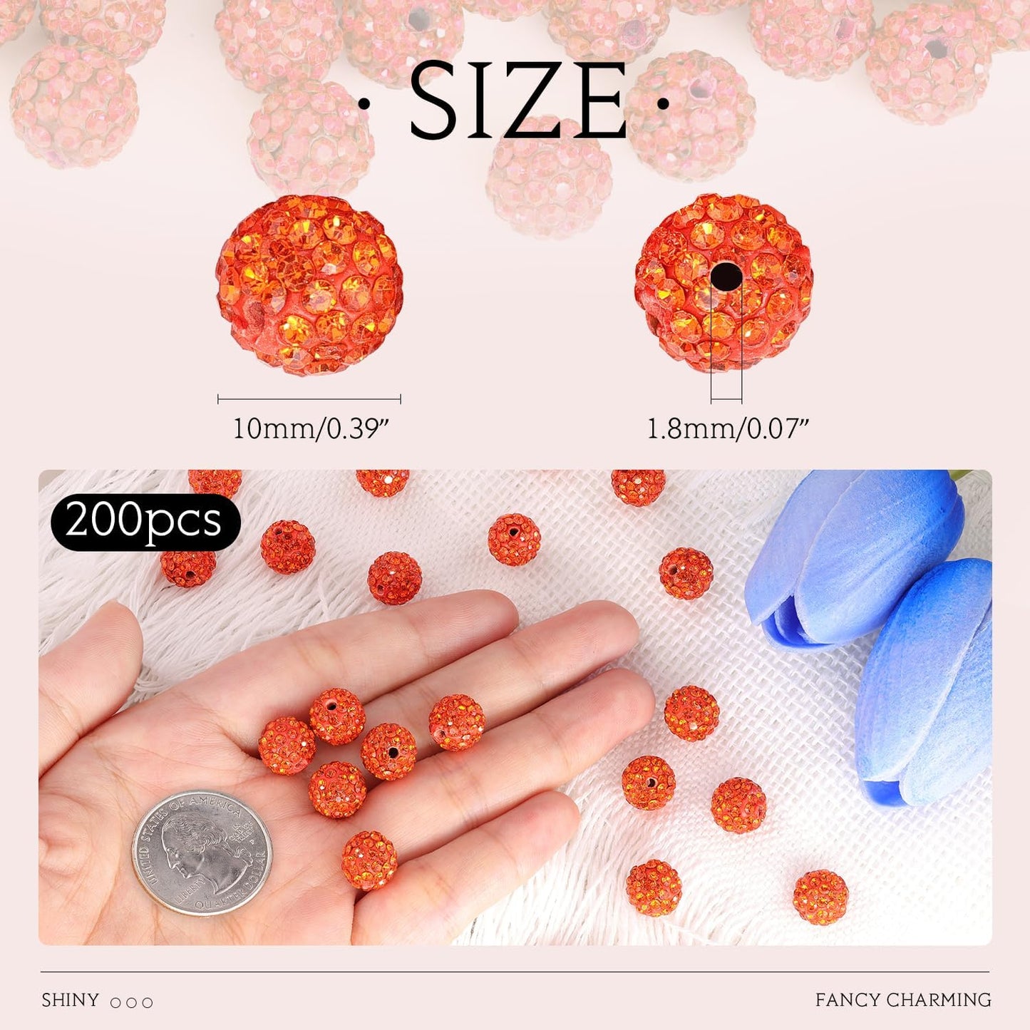 200pcs 10mm Orange Rhinestone Beads for Jewelry Making, Shiny Round Shamballa Disco Ball Beads Bulk, Sparkle Crystal Clay Christmas for Bracelet Baseball Necklace Earring Crafting and DIY