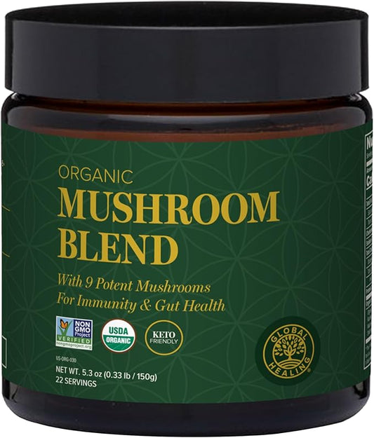 Global Healing Organic Mushroom Powder Supplement Blend 9.5 Ounces - Cordyceps, Chaga, Reishi, Turkey Tail Mushroom for Immune and Gut Health - Nootropic Focus Supplement Superfood