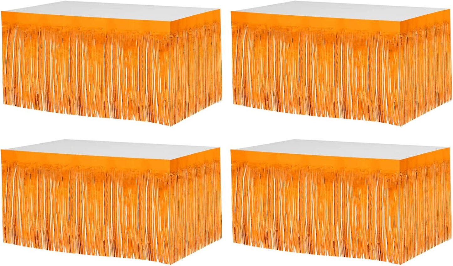4 Pack 29x108 Inch Metallic Foil Fringe Tinsel Table Skirts for Rectangle Tables Streamer Curtains Backdrop for Wedding, Birthday, Parade Floats, Christmas, Halloween Party Decoration(Orange)