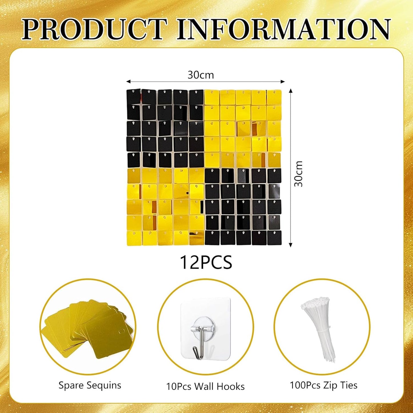 12PCS Black Gold Shimmer Wall Backdrop, Square Sequin Photo Backdrops Panel, Glitter Wall Background for Birthdays, Weddings, Christmas, Engagements, New Years Party Decor (3FTx4FT)