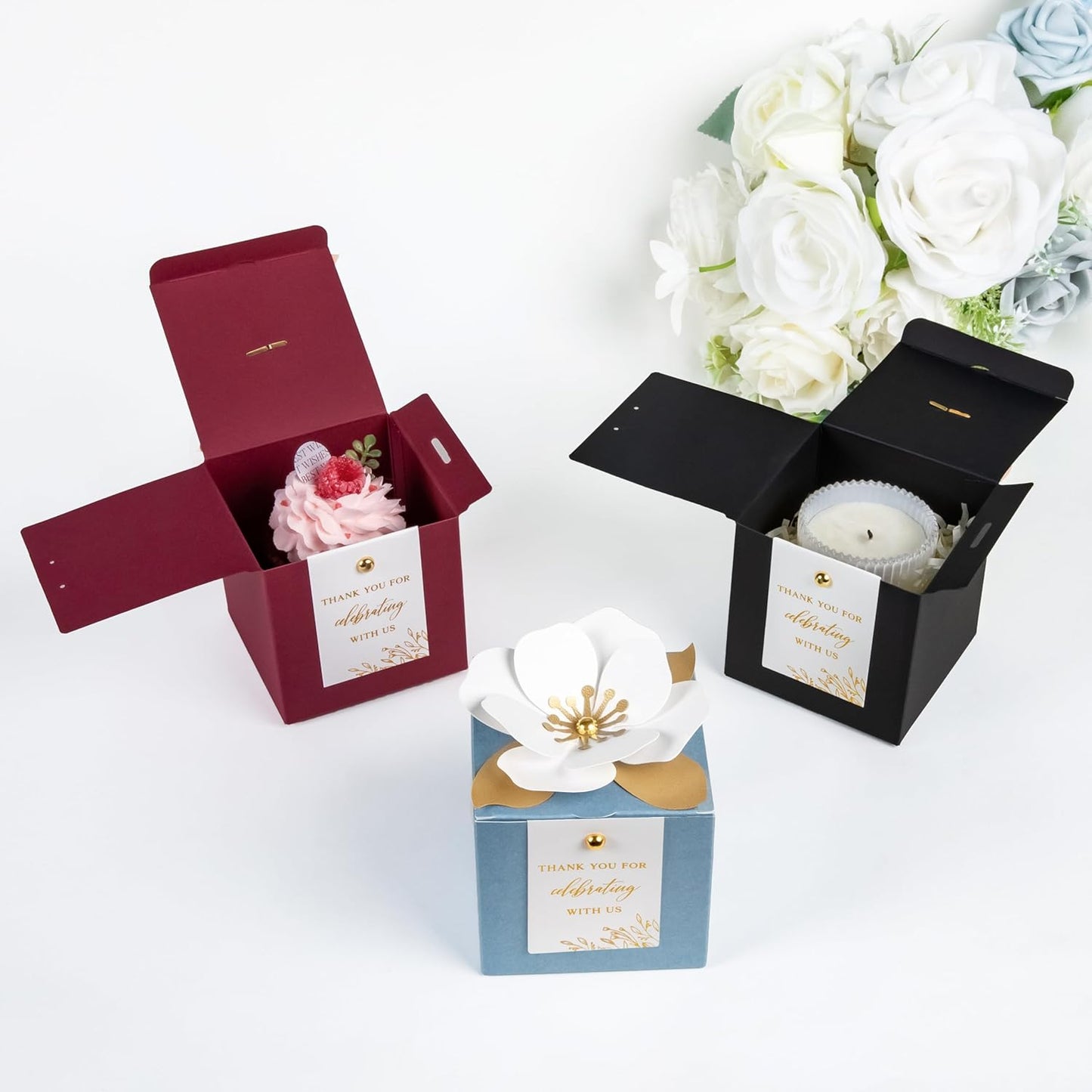 FEIYI 20 PCS Black Gift Boxes, 3 In 1 Favor Boxes with Floral Decor, White Thank You Tags Cupcake Containers Gift wrapping for Wedding, Baby Shower, Birthday, Decorations Party - 3.55x3.55x3.55