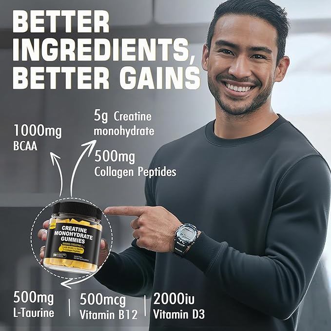 Creatine Monohydrate Gummies for Men & Women - with BCAA, Collagen Peptides, L-Taurine, Vitamin B12, D3, Chewables Creatine Monohydrate 5g Per Serving, Natural Lemon Flavor, Sugar Free, 2 Pack