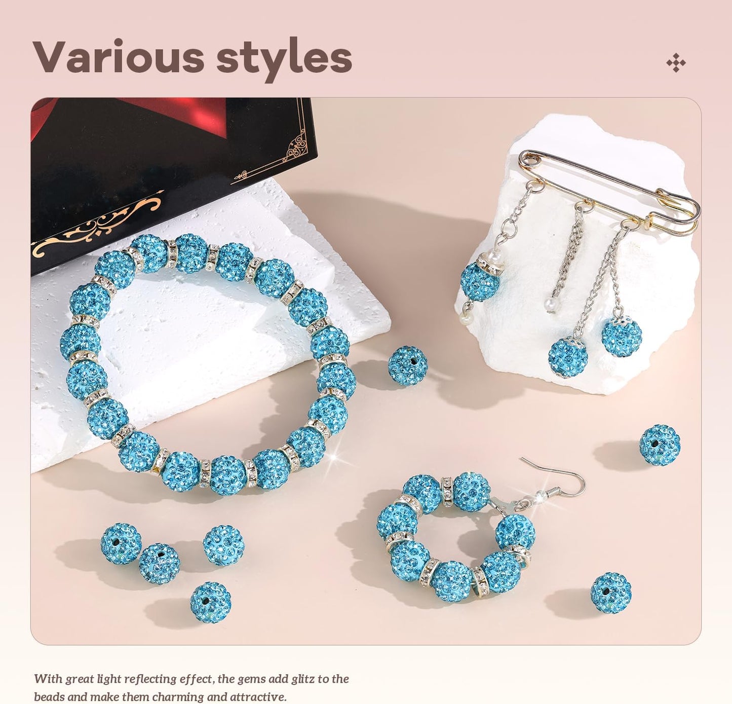 160pcs 10mm Rhinestone Beads for Jewelry Making, Aquamarine Shiny Round Disco Ball Beads Bulk, Sparkle Crystal Clay Christmas for Bracelet Baseball Necklace Earring Crafting and DIY