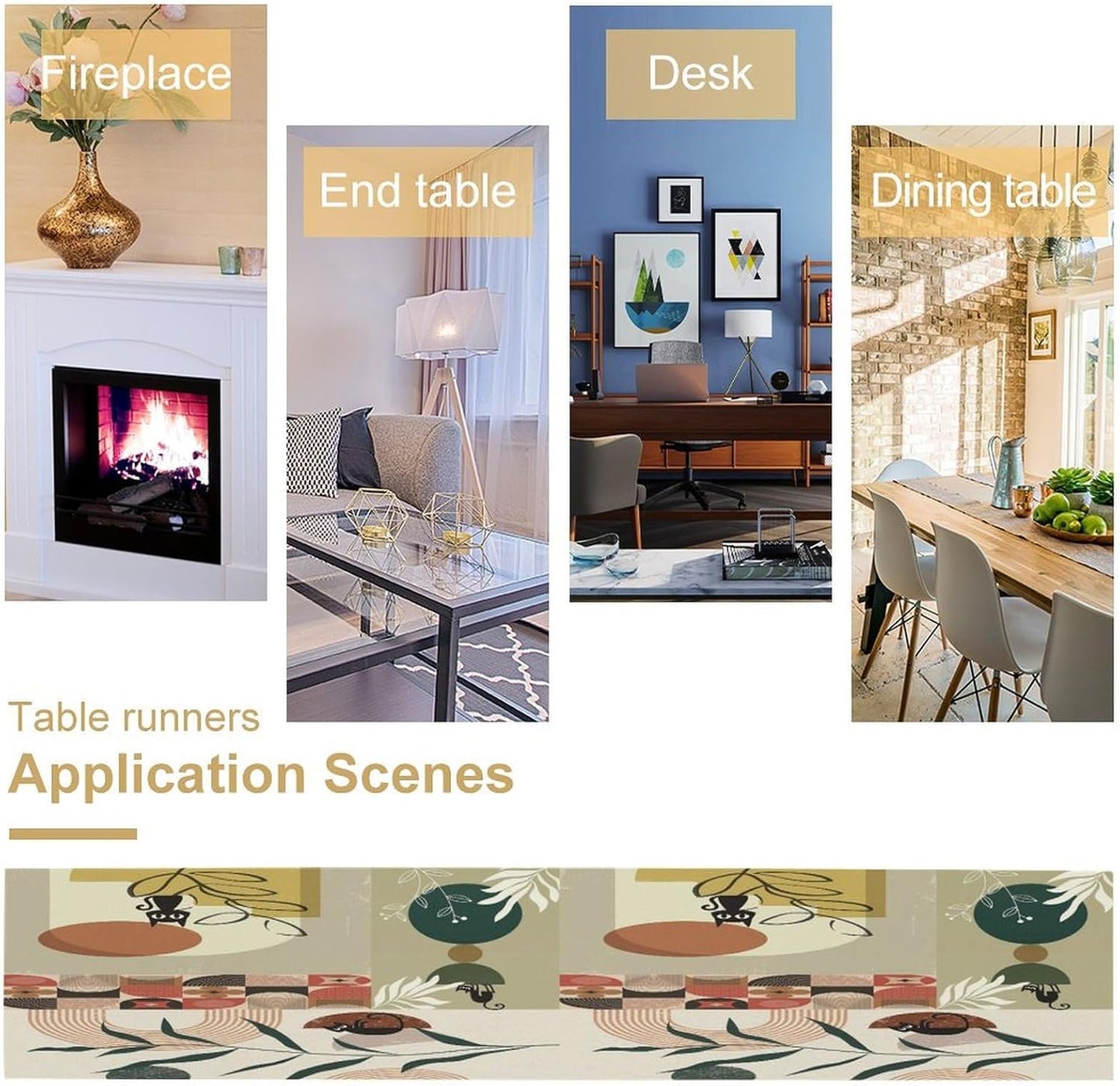 Mid Century Table Runner,Abstract Boho Plant Leaf Botanical Cat Modern Geometric Pattern Print Burlap for Hotel Indoors Outdoor Dining Room Kitchen Home Decor, 13x60in