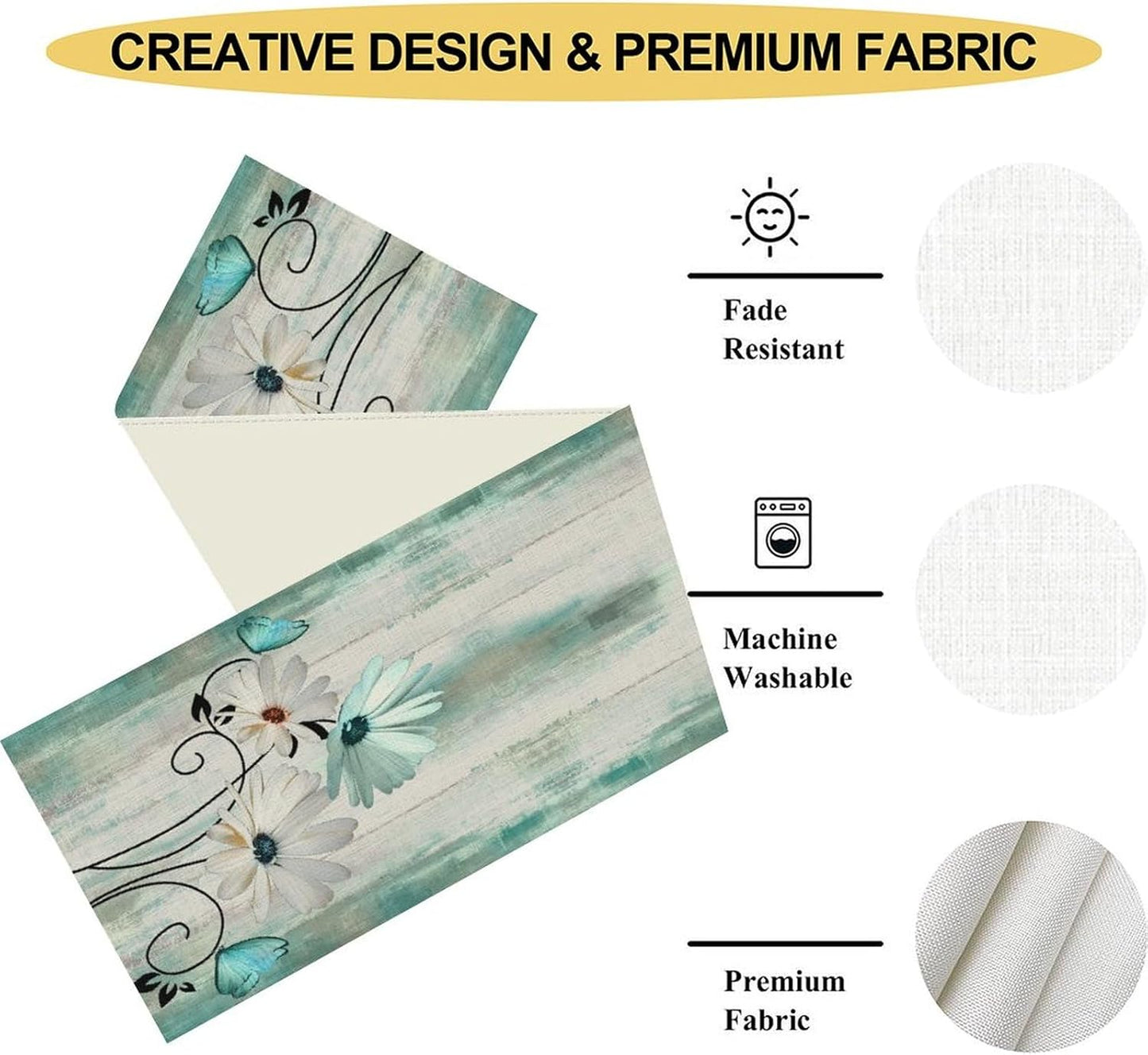 Daisy Floral Table Runner, Farmhouse Abstract Spring Seasonal Summer Blue White Flower Rustic Table Center Decor for Home Kitchen Dining Patio Holiday Party Indoor Table Decorations, 13"x108" Inch