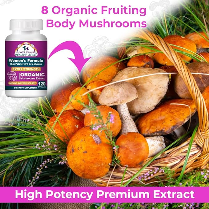 CANCER SCIENCES Women's Wellness Supplement, USDA Certified Organic Mushrooms Extract, Extra Strength 1,500 mg, High Potency 40% Beta-Glucans, Immune & Hormonal Support, Digestive Health, 120 Capsules