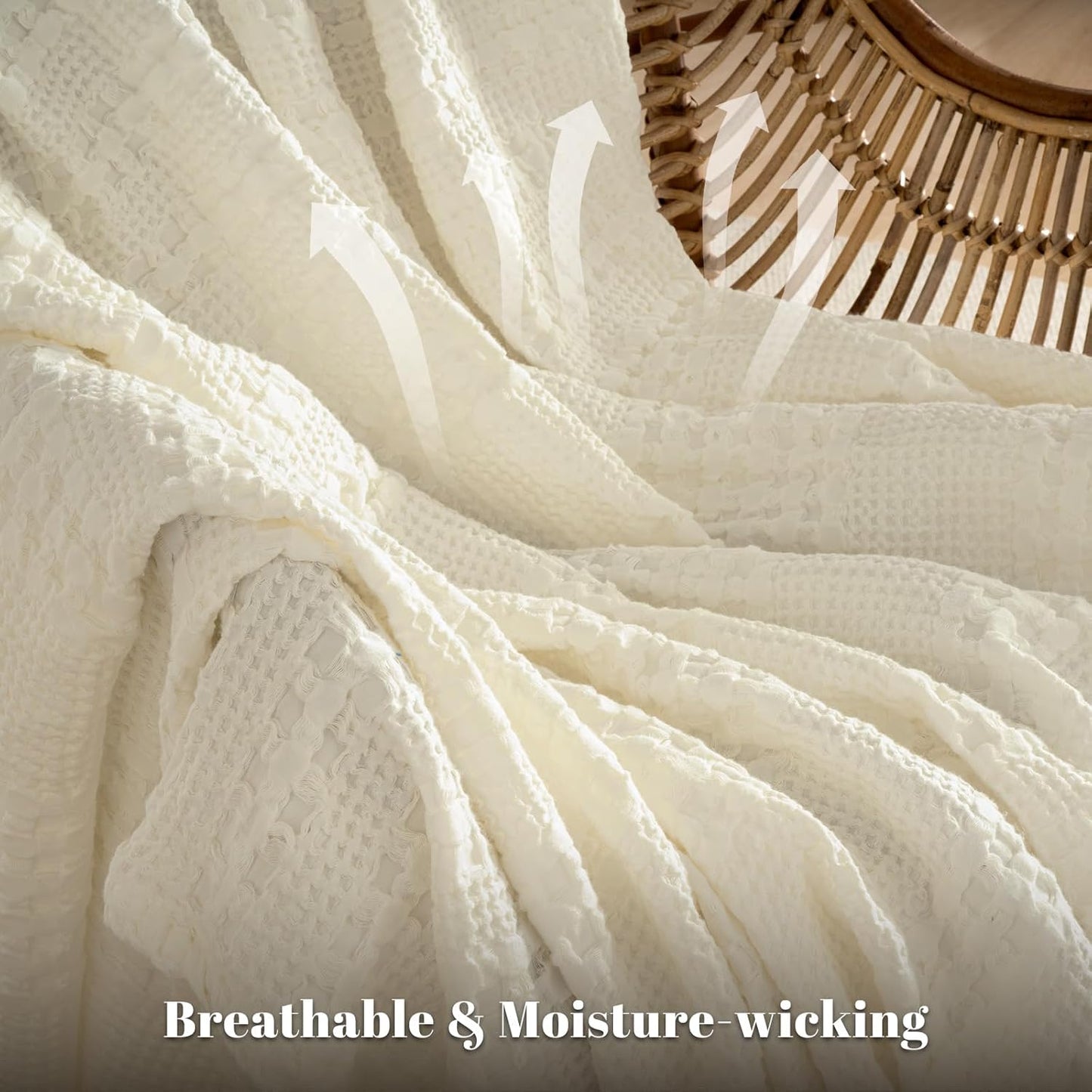 PHF 100% Cotton Waffle Weave Throw Blanket, Soft Lightweight Breathable Cozy Throws for Couch Bed Sofa, Luxury Aesthetic Woven Blanket for Home Decor & Office, 50"x60", Cannoli Cream