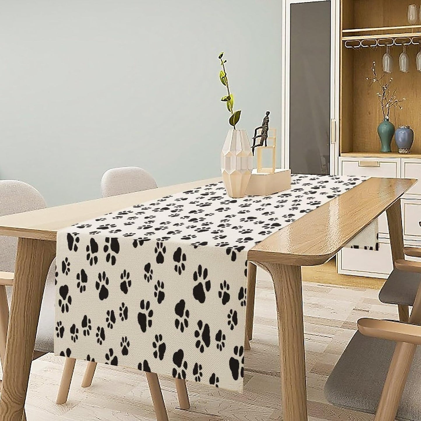 Dog Paws Table Runner,Cartoon Cute Black White Animal Footprints Abstract Tablecloth Burlap for Hotel Indoors Outdoor Dining Room Kitchen Home Decor,W13X L80 in