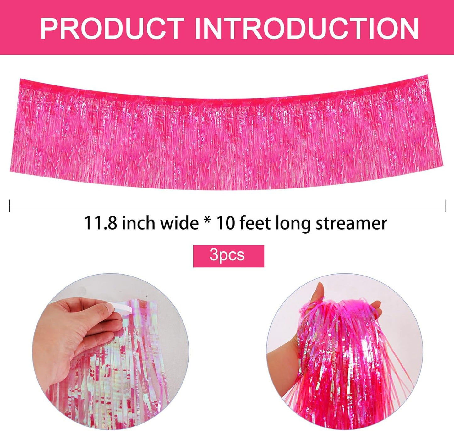 BEISHIDA 3 Packs Metallic Foil Fringe Garland Shining Dark Pink Wall Hanging Tinsel Fringe Banners for Car Floats Bridal Shower Wedding Birthday Easter Graduation Holiday Party Decoration(30 Feet)