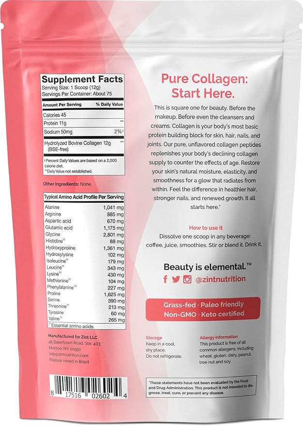 Zint Collagen Peptides Powder (32 oz) | Grass-Fed, Hydrolyzed Type I & III | Supports Skin, Hair, Joints & Gut Health | Rich in Key Amino Acids | Paleo-Friendly, Keto, Non-GMO, Unflavored