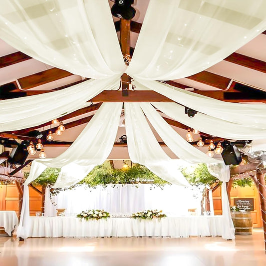 6 Panels Ivory Ceiling Drapes for Wedding 5ftx40ft Sheer Drapery Chiffon Fabric Arch Draping Curtains for Party Ceremony Birthday Baby Shower Reception Stage Ceiling Decorations