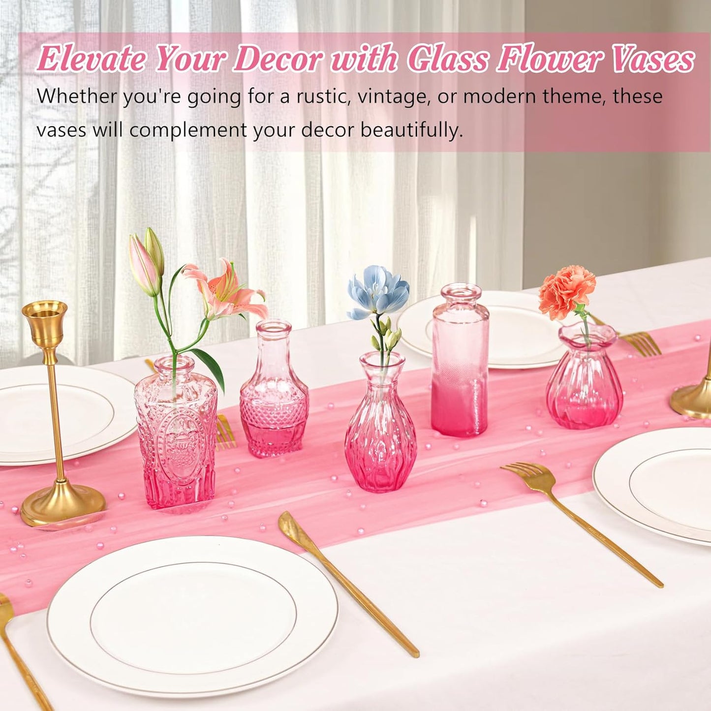 Set of 40 Glass Bud Vases, Small Pink Glass Vases in Bulk, Mini Vintage Embossed Flower Vase for Wedding, Centerpieces, Birthday Party, Baby Shower, Home Table Decorations (Pink)