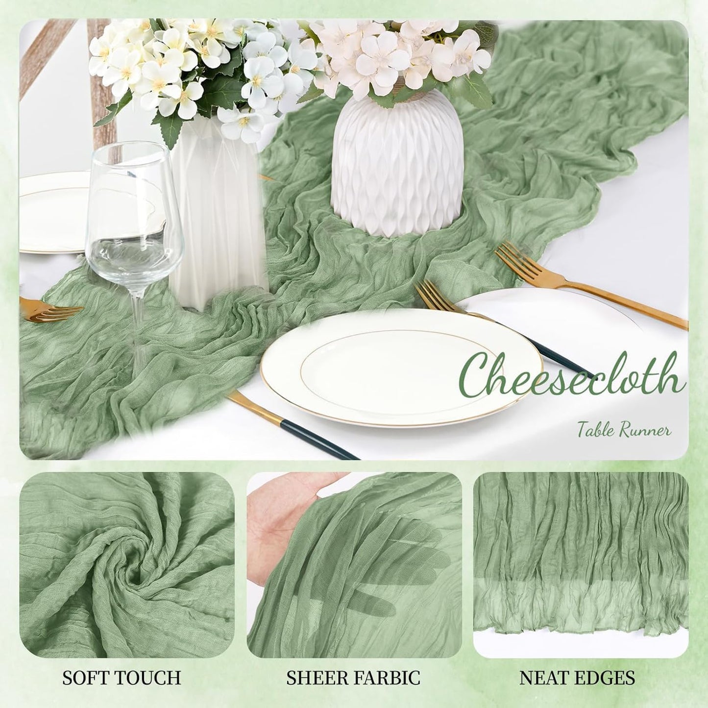 6 Pack Sage Green Cheesecloth Table Runner 23x120 inch Rustic Boho Gauze Table Runner 10 FT Long Sheer Cheese Cloth Fabric Table Runners for Romantic Wedding Bridal Shower Birthday Party Decor