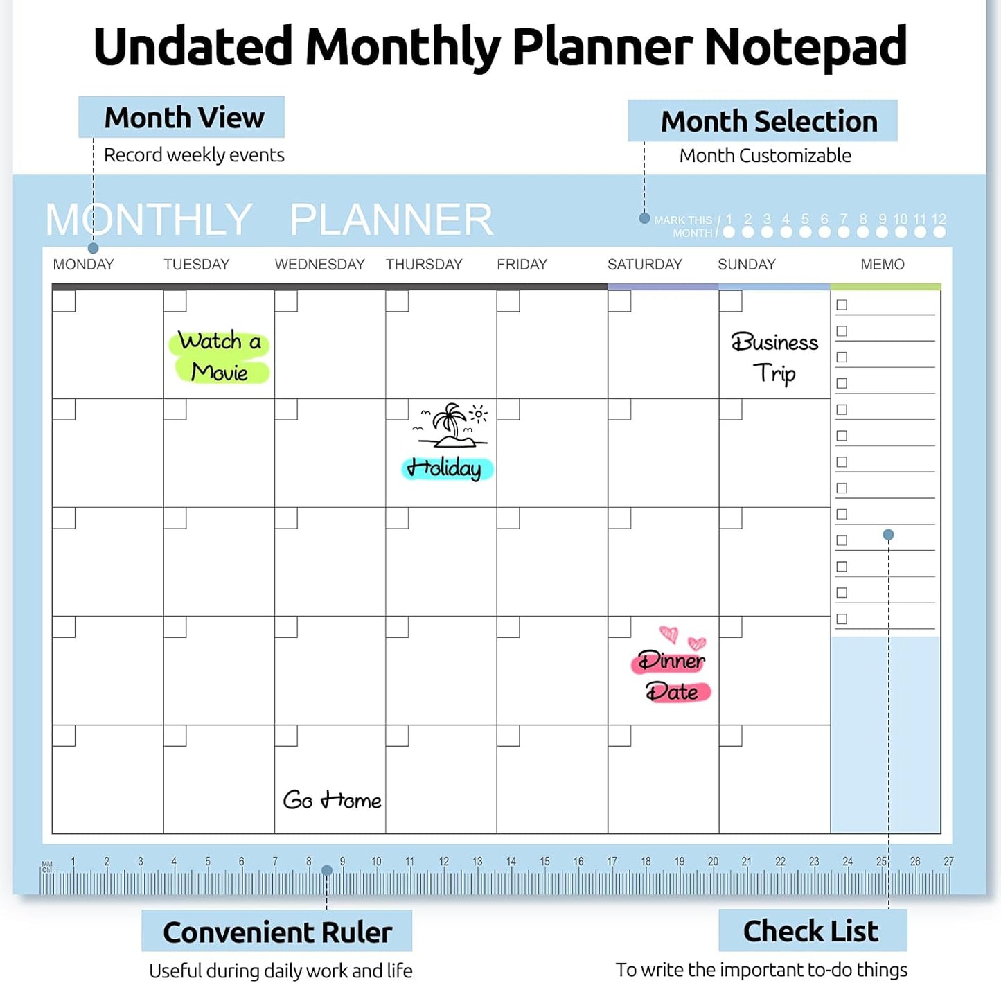Phyxin Undated Planner, 54 Sheets Blank Calendar, 11.2" x 8.3" Monthly Calendar Planner, Tear Off Undated Monthly Planner with Memo for Women, Students, Teachers, Blue