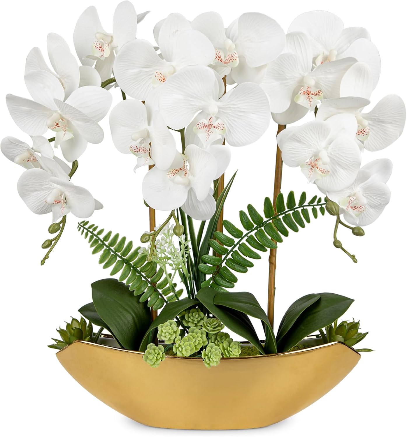 Briful Orchid Fake Flowers 18in White Artificial Orchid Silk Flowers in Gold Pot Faux Orchid Arrangement for Home Office Bathroom Dining Table Modern Decoration