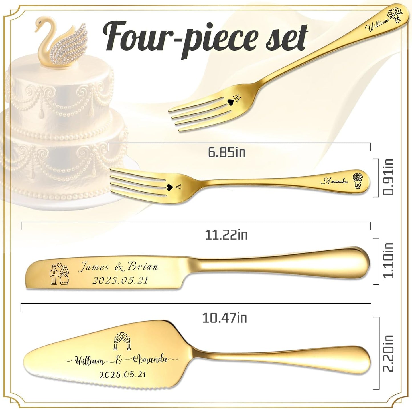 Custom Wedding Cake Knife and Server Set Personalized Cake Cutter with Engraved Text Bridal Cake Cutting Set with Gift Box for Weddings Anniversary Birthday (Gold - with fork)