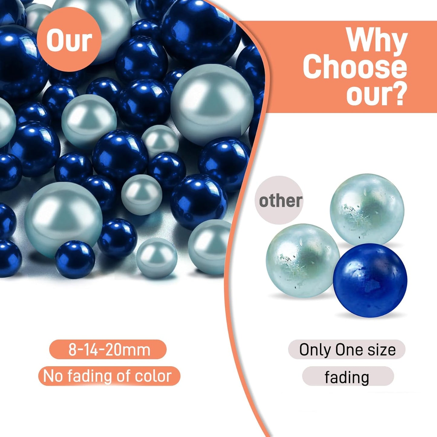 180PCS Navy & Light Blue Beads for Centerpieces Vases, No Hole Polished Pearl Makeup Beads Mixed 8/14/20mm Sizes, Pearl Vase Fillers Table Scatters for Party Wedding Decor