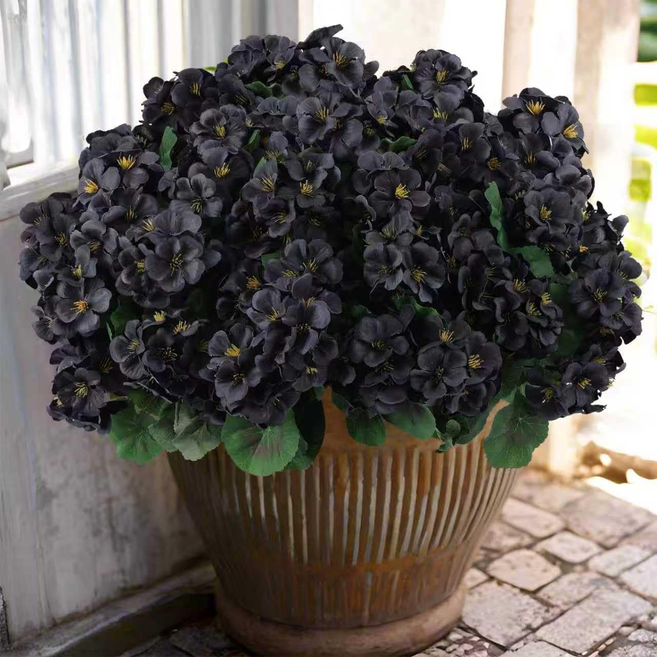 Hananona 6 Pcs Artificial Geranium Flowers for Outdoors Geranium Silk Flowers Outdoor UV Resistant Garden Plants Faux Black Flower for Home Kitchen Halloween Table Centerpieces Decor (6, Black)