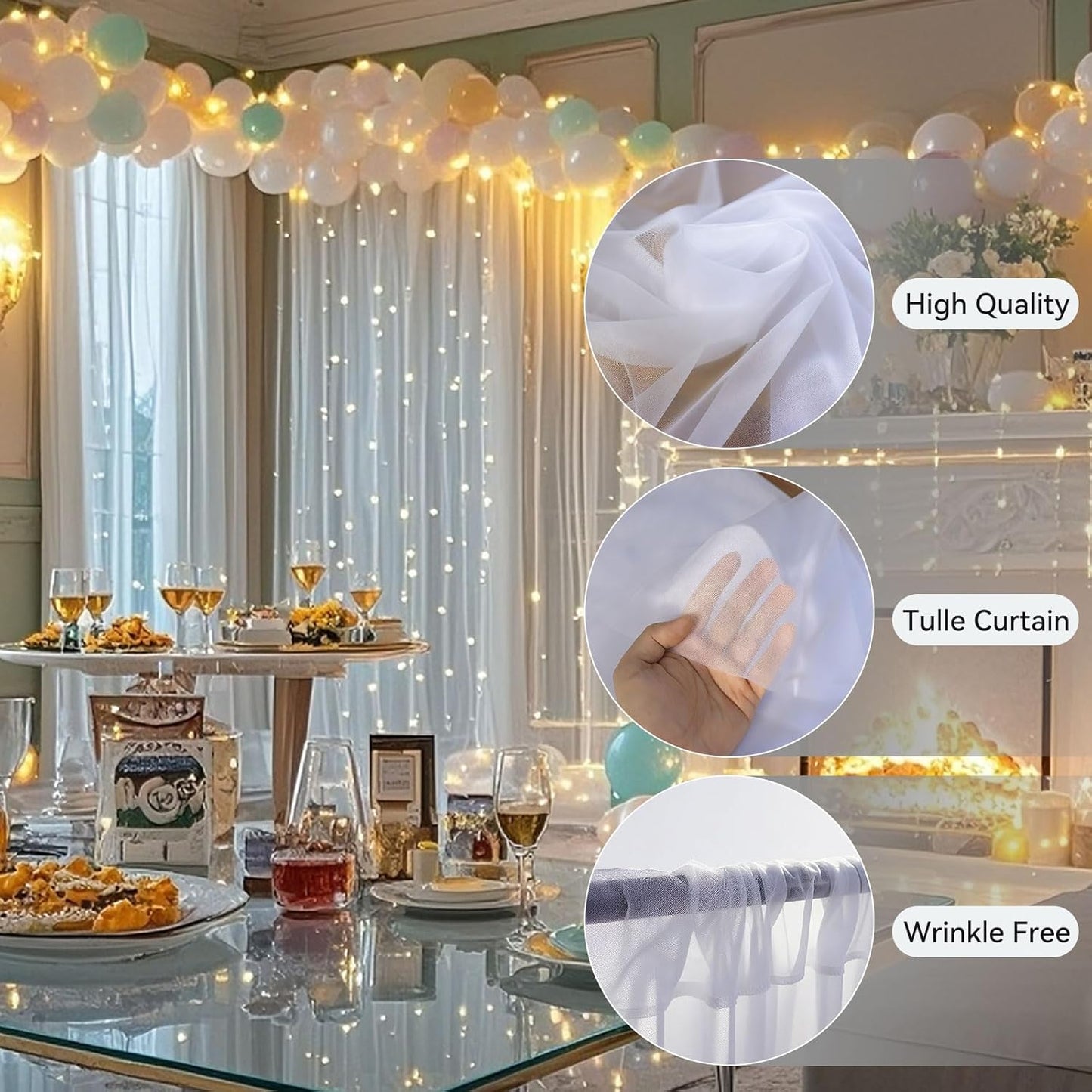 10×10ft Tulle Backdrop Curtains with Lights String - 300LED Fairy Lights Sheer Curtain Backdrop for Weddings Baby Shower and Birthday Party Decorations(8 Panels 5×10ft)