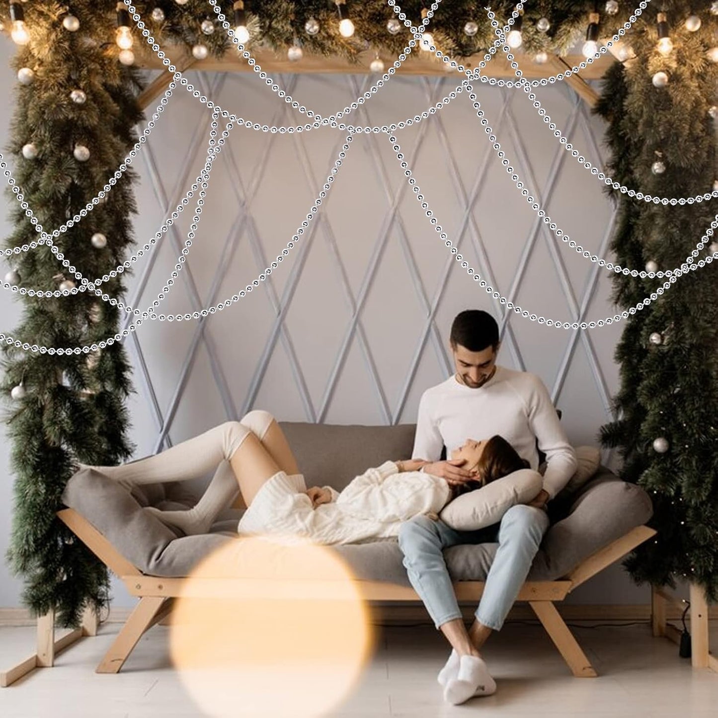 Faux Silver Pearl Beads Garland - 6mm Christmas Tree Beads 22 Yards Spool Pearl String Roll for Wedding Party Christmas Tree Decoration