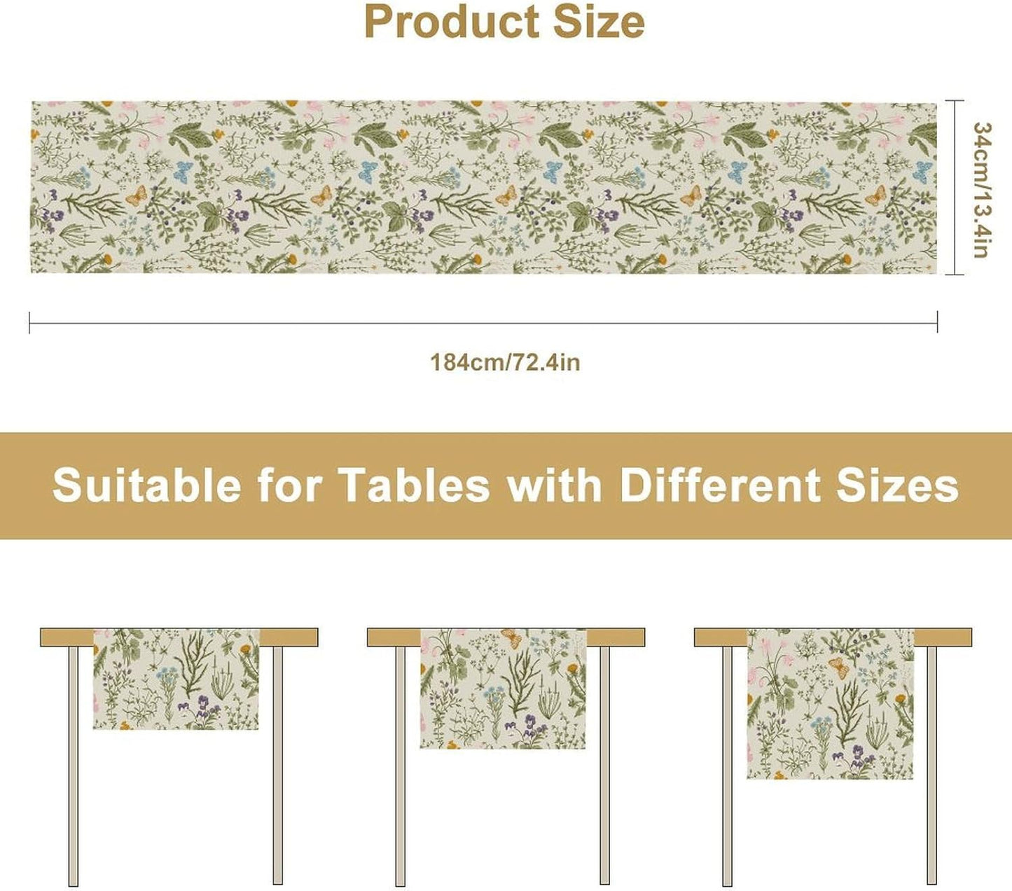 Wildflowers Floral Table Runner, Retro Flower Butterfly Seasonal Spring Summer Kitchen Dinning Table Runner for Indoor Outdoor Home Wedding Party Holiday, 13x120 Inch