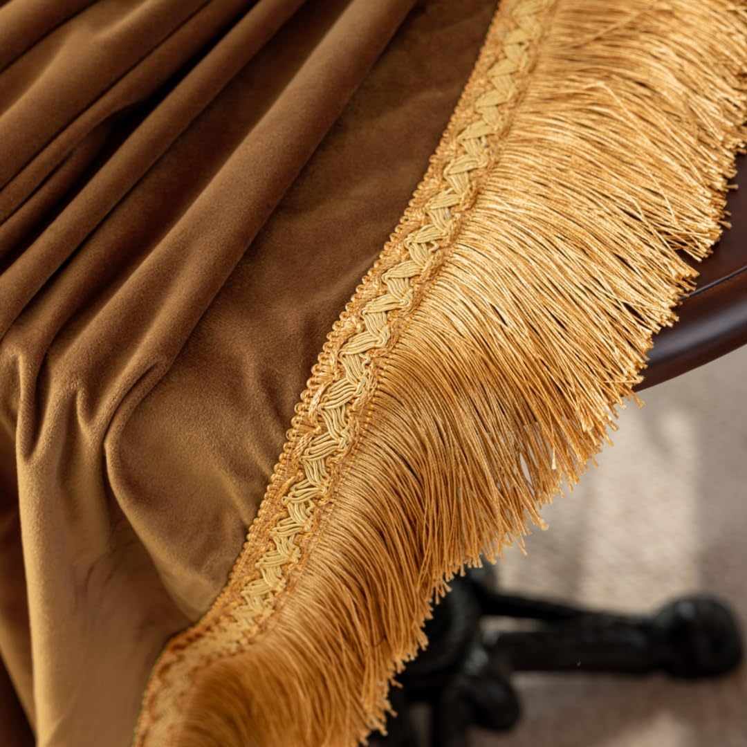 F-CHU Luxury Camel Tablecloth Thickset Velvet Tablecloth with Beautiful Gold Tassels Vintage Table Cloth for Home Decor Wedding, Party, Banquet and Events 60x86-Inch