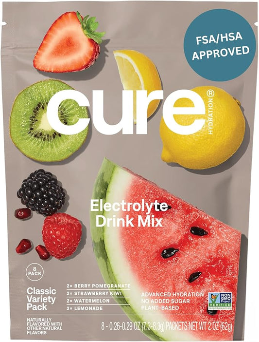Cure Hydration | Plant-Based Electrolyte Drink Mix | No Added Sugar | FSA-HSA | Dehydration Relief Powder Made with Coconut Water | Non-GMO | Vegan | 8 Packets - Variety Pack