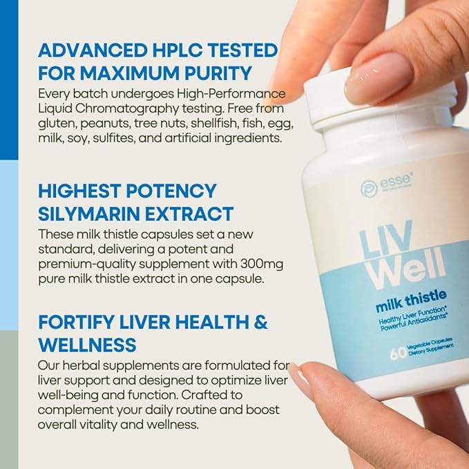 ESSE Vegan Milk Thistle Supplement with Sesame and Artichoke Extract - Advanced HPLC Tested for Purity - 80% Silymarin Thistle for Liver Cleanse Detox & Repair Plus Healthy Skin Support, 60 Capsules