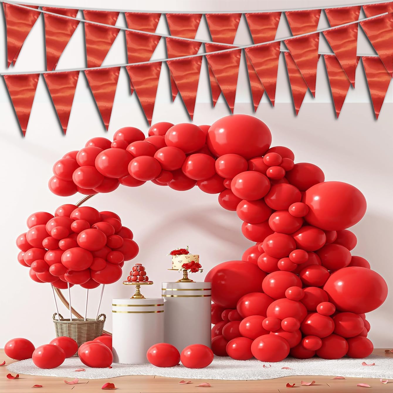 40M/130FT Red Triangle Pennant Banner Flag Metallic Fabric Bunting Garland for Christmas Graduation Wedding Engagement Anniversary Bachelorette Birthday Bridal Shower Valentines Hen Party Supplies