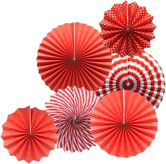 Party Hanging Paper Fans Set, Red Round Pattern Paper Garlands Decoration for Birthday Wedding Graduation Events Accessories, Set of 6