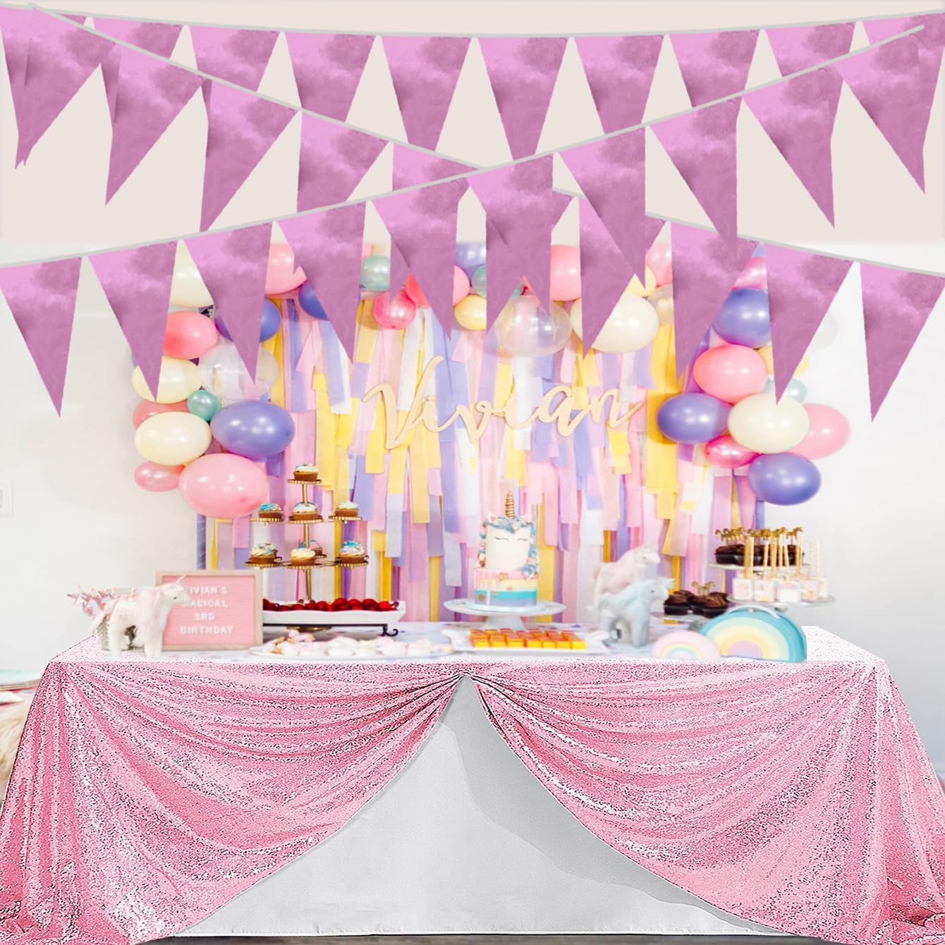 40M/130FT Pink Triangle Pennant Banner Flag Metallic Fabric Bunting Garland for Christmas Graduation Wedding Engagement Anniversary Bachelorette Birthday Bridal Shower Valentines Hen Party Supplies