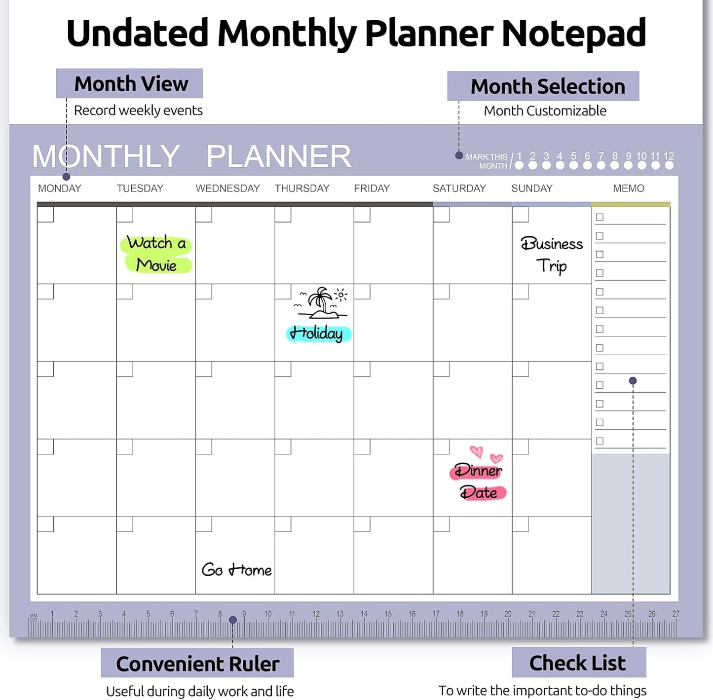 Phyxin Undated Planner, 54 Sheets Blank Calendar, 11.2" x 8.3" Monthly Calendar Planner, Tear Off Undated Monthly Planner with Memo for Women, Students, Teachers, Purple