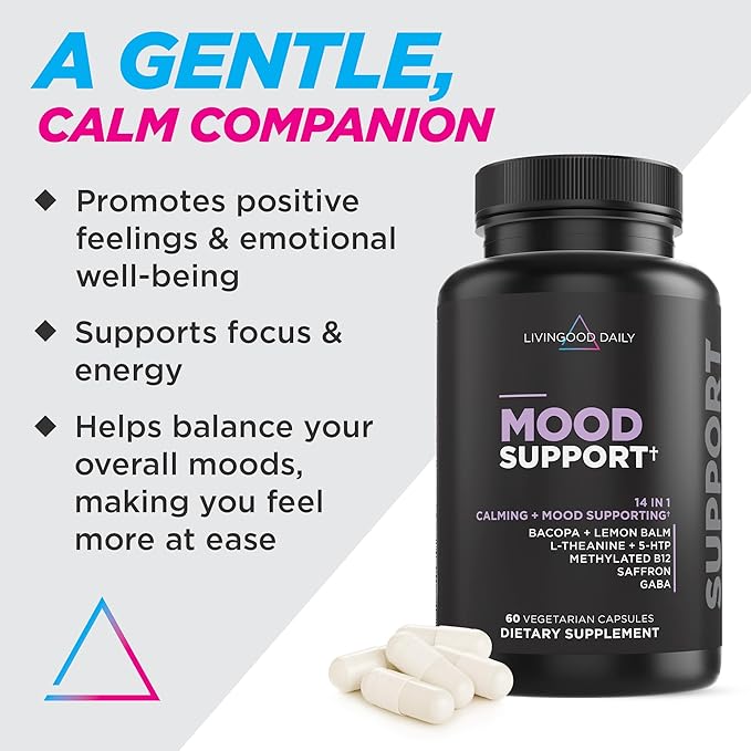 Livingood Daily Mood Support Supplement for Women & Men, 14-in-1 Formula with L Theanine, Lemon Balm, GABA, Saffron, 5-HTP & B12, Supports Focus & Emotional Wellness, Gluten Free, Vegan, 60 Capsules