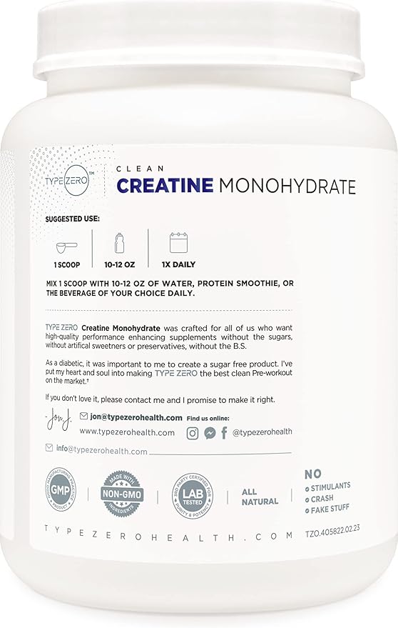 Type Zero Creatine Monohydrate (Unflavored) 1 KG, 5000mg (5g) Per Serving, Micronized, Zero Sugar, Keto Friendly & Gluten Free, 200 Servings