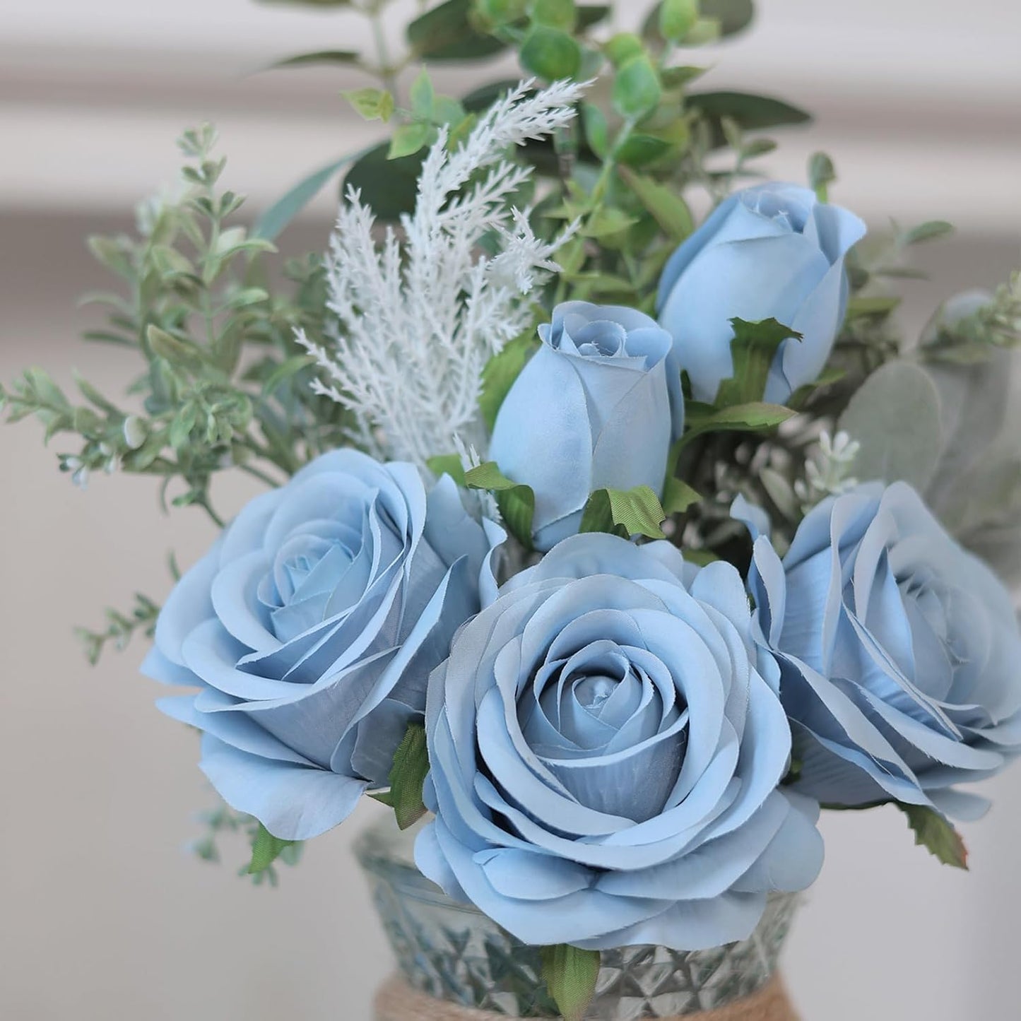 Faux Flowers with Vase,Artificial Silk Roses in Vase, Fake Plant Eucalyptus Flower Arrangement for Home Office Farmhouse Bathroom Dining Table Centerpiece Decorations Coffee Table Decor (Dusty Blue)