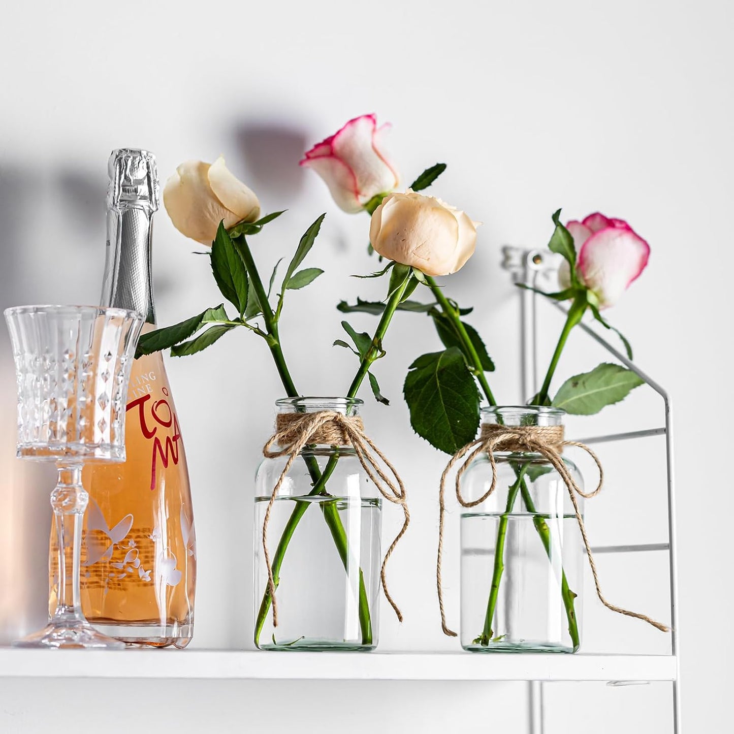 Vintage Glass Vases, Mason Jars for Centerpieces, Farmhouse Mason Jar Vase with Rope Design, Centerpiece Vases for Table, Wedding & Home Decor (6)