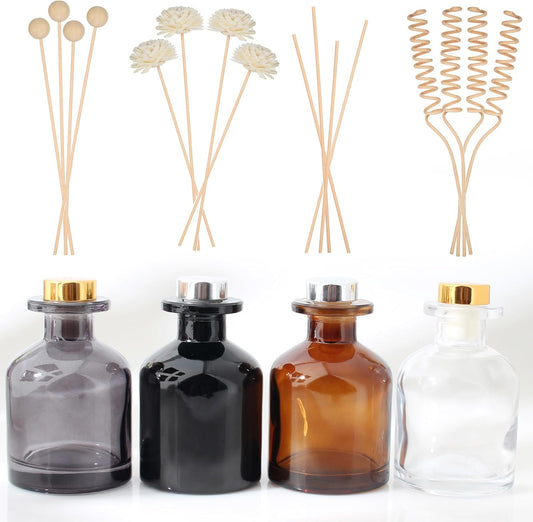 4Pcs Fragrance Glass Diffuser Bottles, Refillable Diffuser Bottles with 16 pcs Reed Diffuser Sticks and Caps, Diffuser Jars for Home Oil Fragrance Decoration Girl Women Gift (4 Color 100ML)