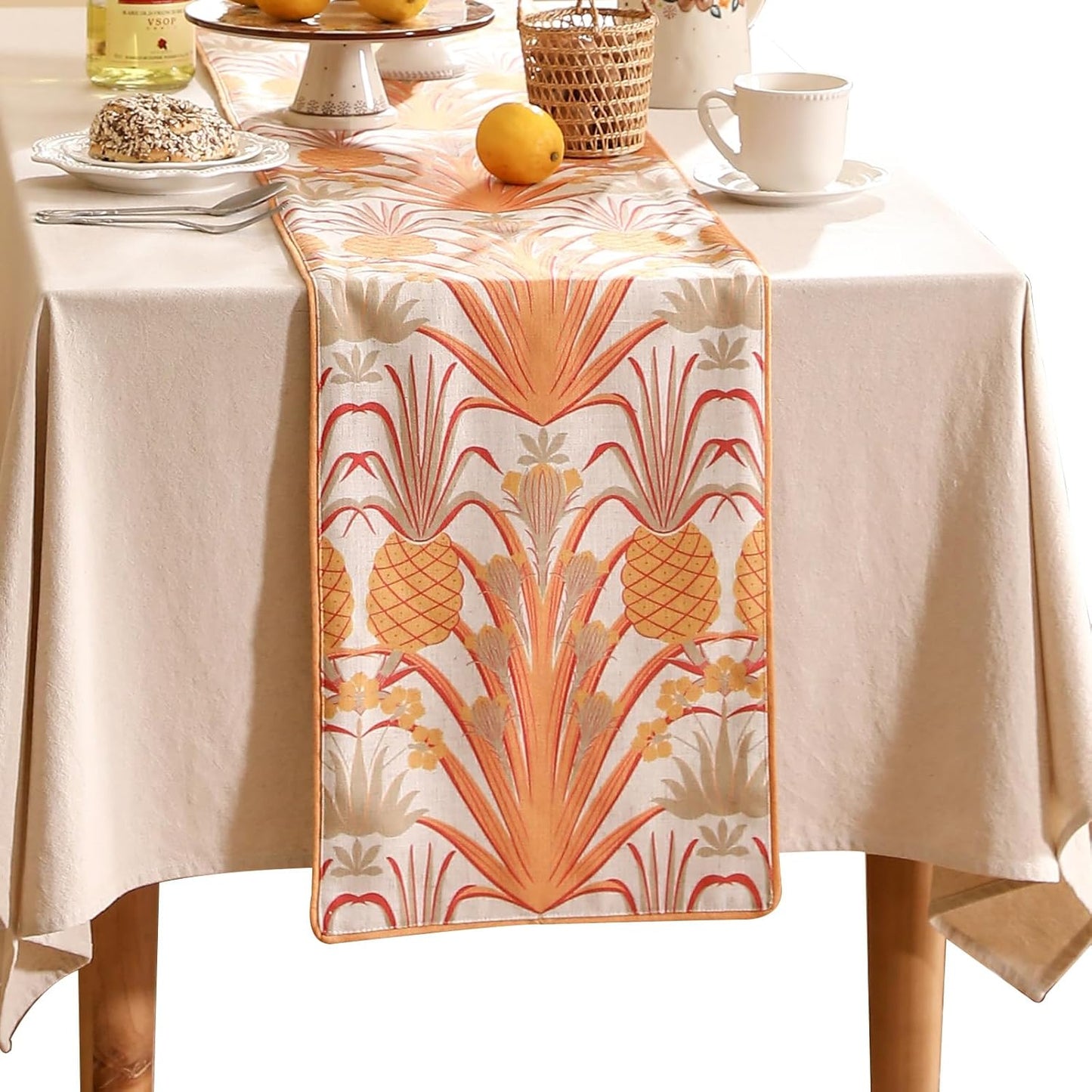 patdrea Designer Tropical Linen Table Runner 87 Inch Long, Yellow Vintage Elegant with Pineapple Pattern Table Mat,Decoration for Kitchen Dining Coffee Table Cover Banquet Christmas , 12"*87"