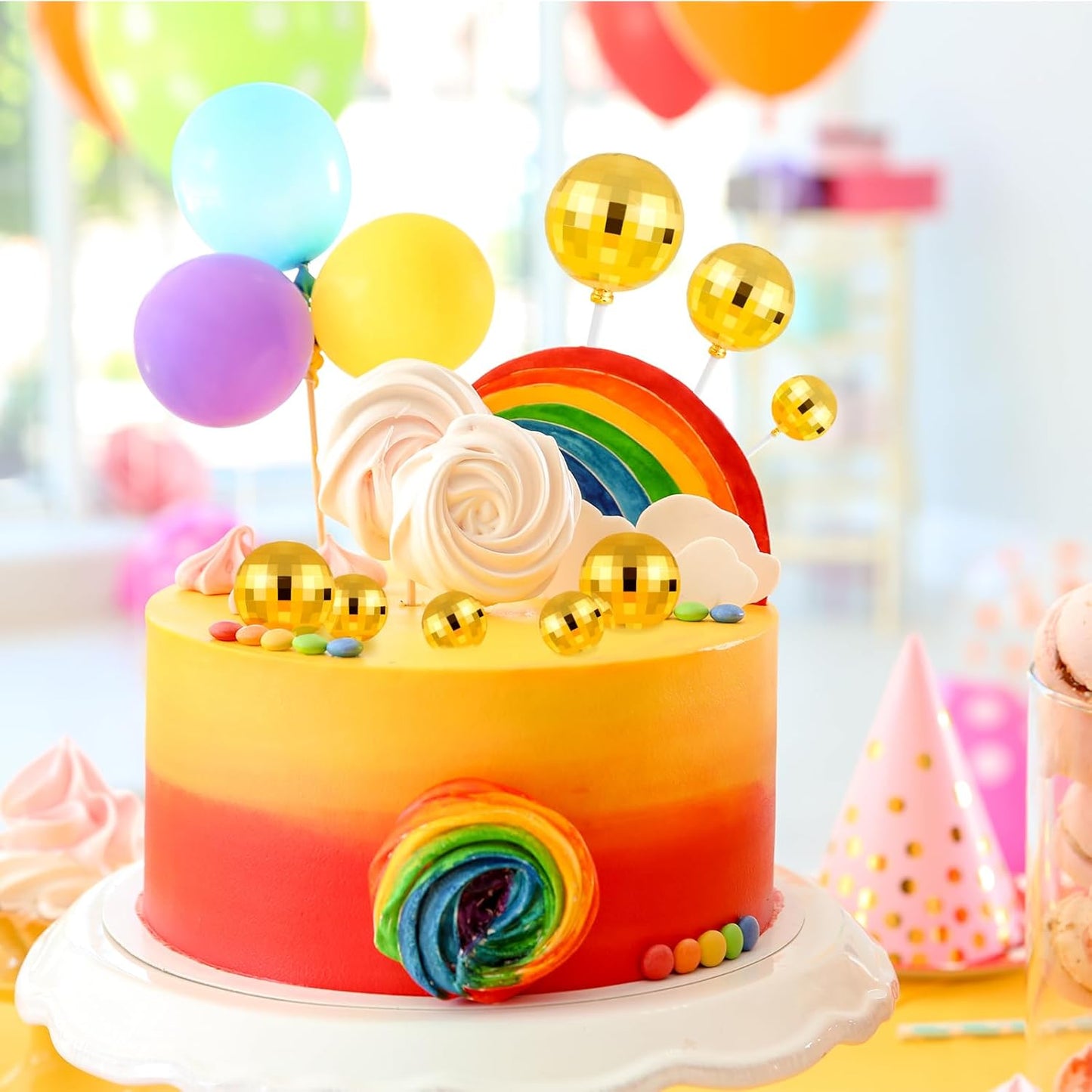 ASTARON 20 Pcs Disco Ball Cake Topper Decorations Sticks Gold Cake Balls Picks Toppers for Birthday Anniversary Disco Retired Theme Party Decorations