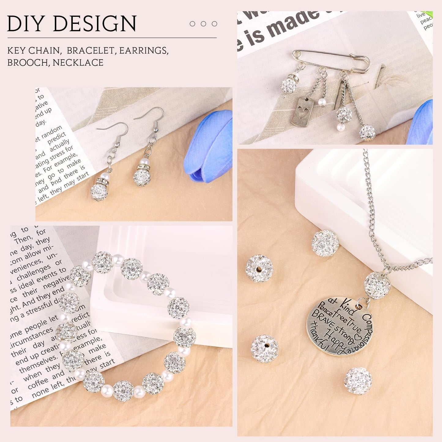 150 pcs 10mm Rhinestone Beads for Jewelry Making, White Shiny Round Shamballa Disco Beads Bulk, Sparkle Crystal Clay Christmas for Bracelet Baseball Necklace Earring Crafting and DIY