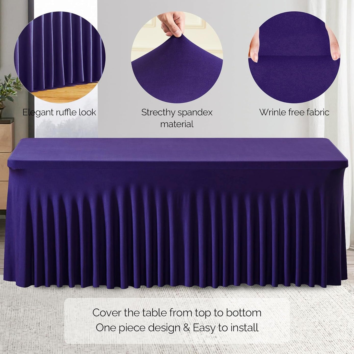 Wish Care 2 Pack Dark Purple Spandex Table Clothes for 6 Foot Rectangle Tables, 6FT Wrinkle Free Fitted Tablecloths Ruffles Design Table Cover for Party, Banquet, Wedding and Events