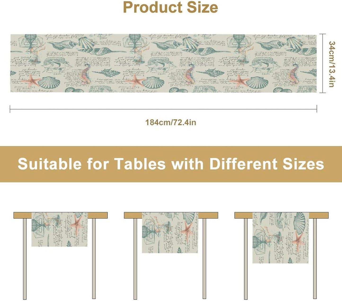 Starfish Table Runner,Seashells Beach Coastal Nautical Sailboat Jellyfish Vintage Hand Drawn Burlap for Hotel Indoors Outdoor Dining Room Kitchen Table Decor, 13x90in