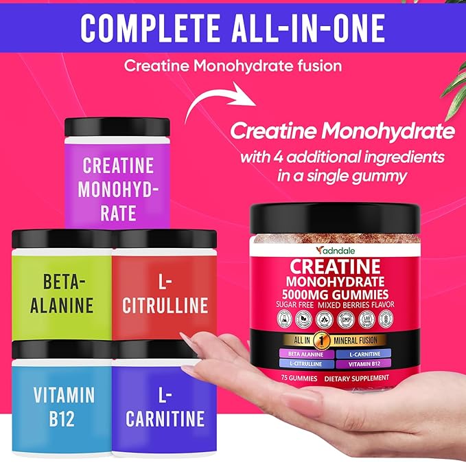 Adndale Creatine Monohydrate Gummies for Men & Women, 5000mg per Serving Creatine Supplement with Beta-Alanine, L-Citrulline & B12 - Supports Strength and Energy - 75 Vegan Gummies, Sugar-Free