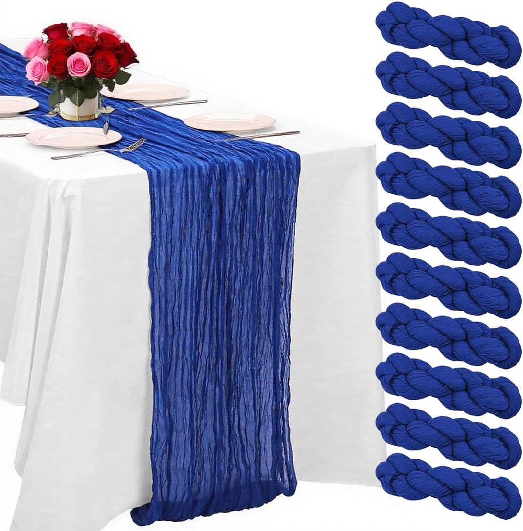 10 Pack Blue Cheesecloth Table Runner -21*120Inch Long Boho Wedding Table Decor, Rustic Gauze Fabric Runner for Bridal Showers, Baby Showers & Parties (Sheer, Lightweight, Wrinkled Design)