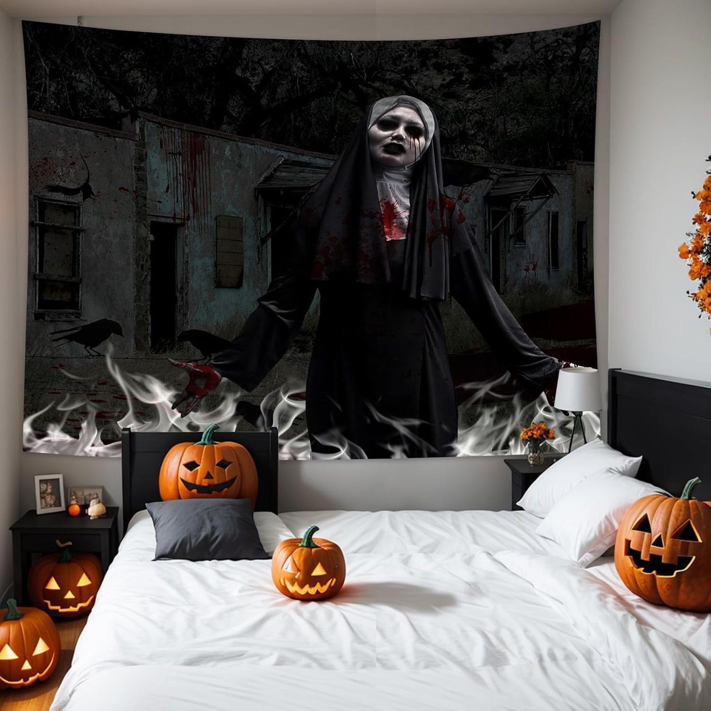 QGHOT Halloween Tapestry, Gothic Horror Movie Tapestry Wall Hanging Spooky Halloween Backdrop Creepy Scary Nun Haunted House Wall Decor for Bloody Party Decorations (59.1"x51.2")